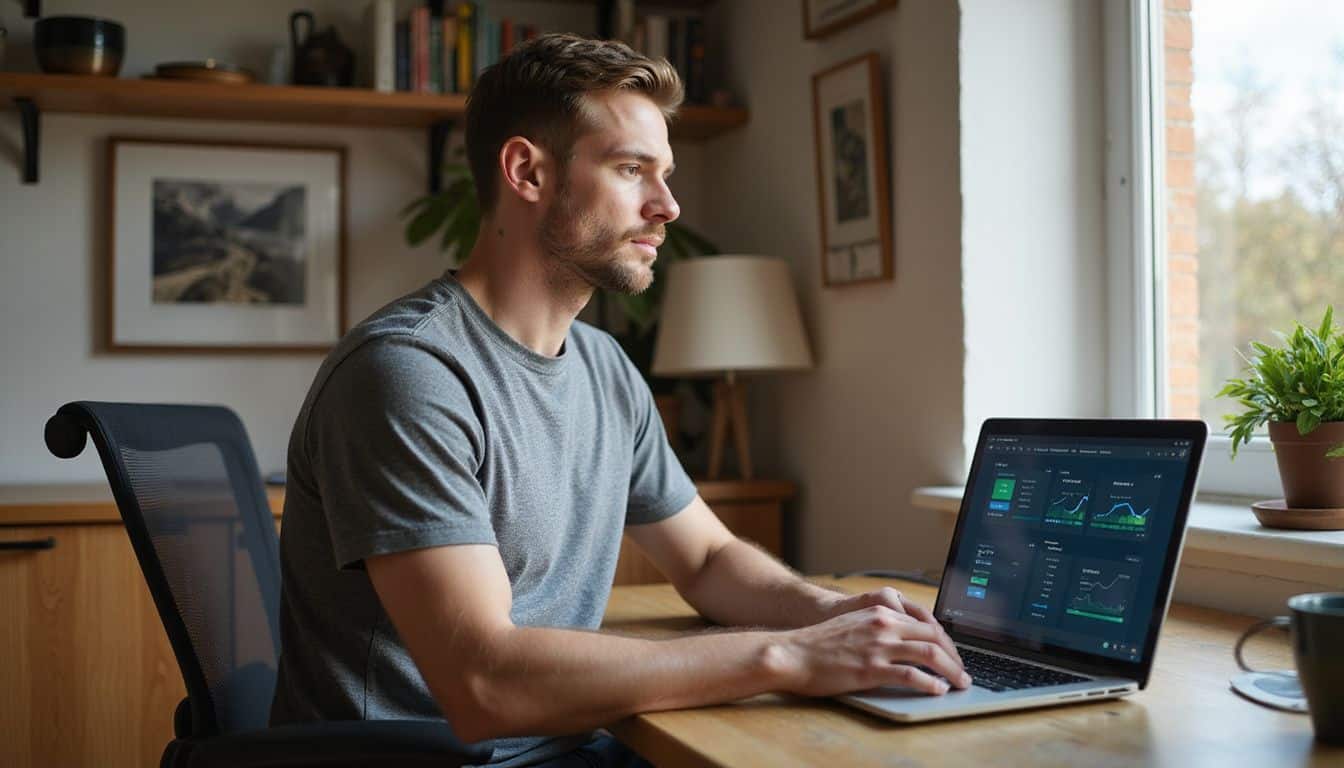 A man in his thirties working on a laptop in a well-organized home office. A man in his thirties working on a laptop in a well-organized home office.