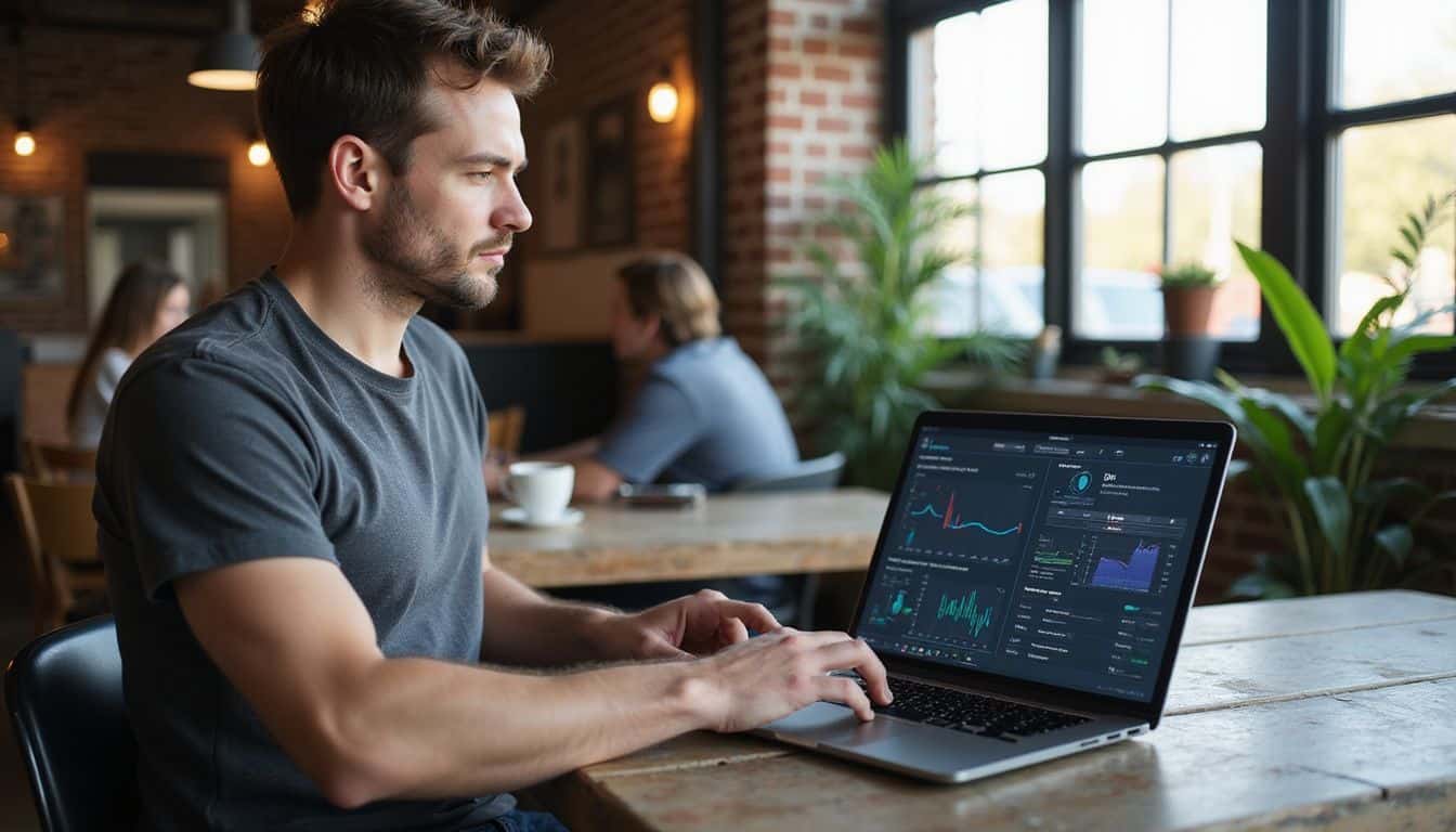 A focused man in a coffee shop works on a laptop with technical interfaces displayed. A focused man in a coffee shop works on a laptop with technical interfaces displayed.
