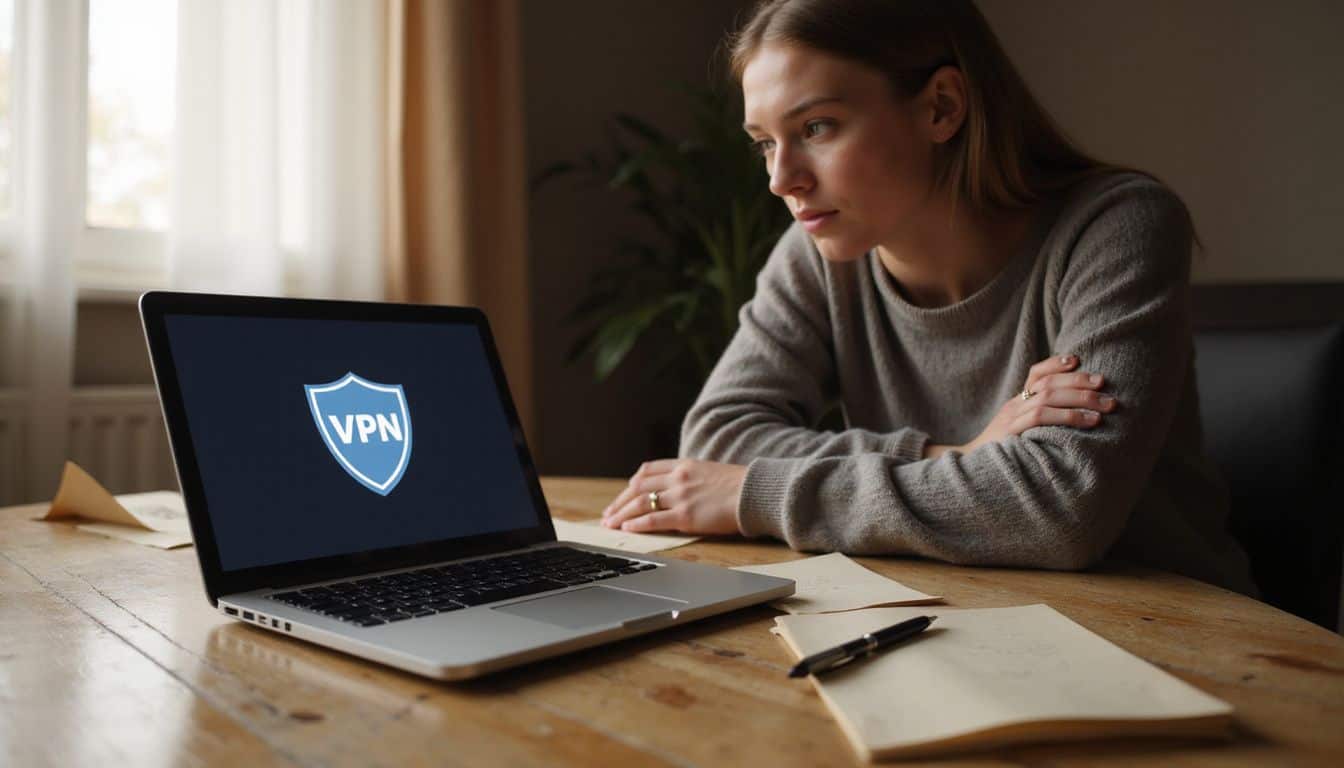 A laptop with VPN logo, scattered papers, and pens, with a person focused on privacy. A laptop with VPN logo, scattered papers, and pens, with a person focused on privacy.