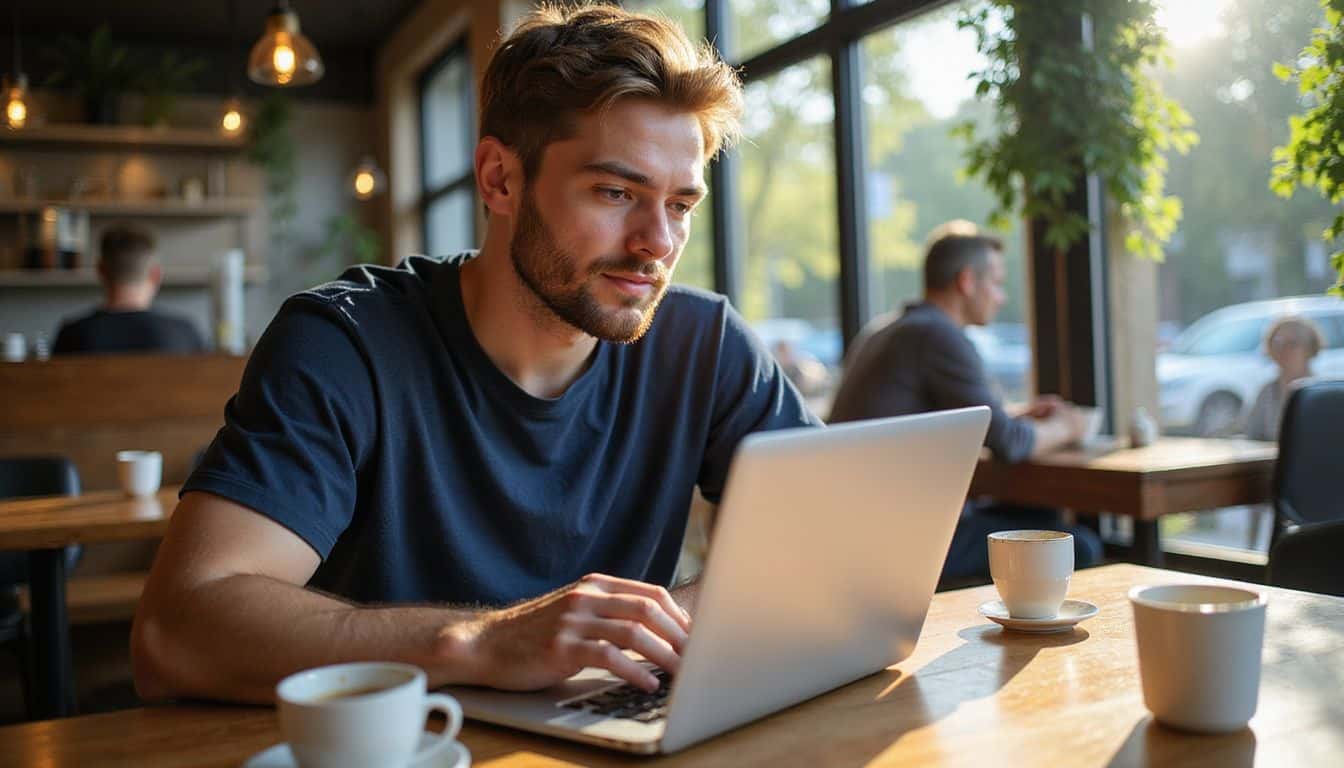 A man in a cafe, dressed in a navy shirt, working on a laptop with focused attention. A man in a cafe, dressed in a navy shirt, working on a laptop with focused attention.