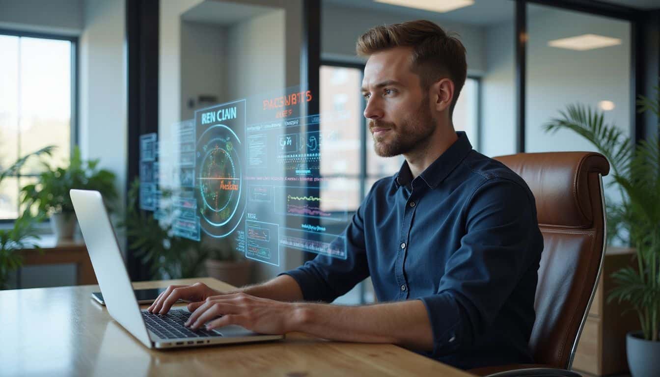 A man monitors cybersecurity data on multiple screens in a modern office environment. A man monitors cybersecurity data on multiple screens in a modern office environment.