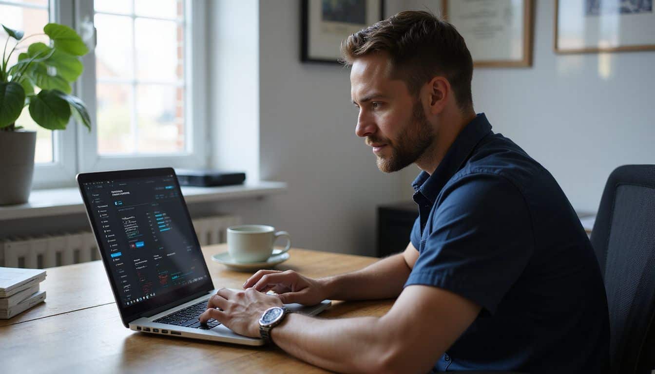 A man in a navy blue shirt is focused on a laptop displaying cybersecurity interfaces in a natural-lit office environment. A man in a navy blue shirt is focused on a laptop displaying cybersecurity interfaces in a natural-lit office environment.