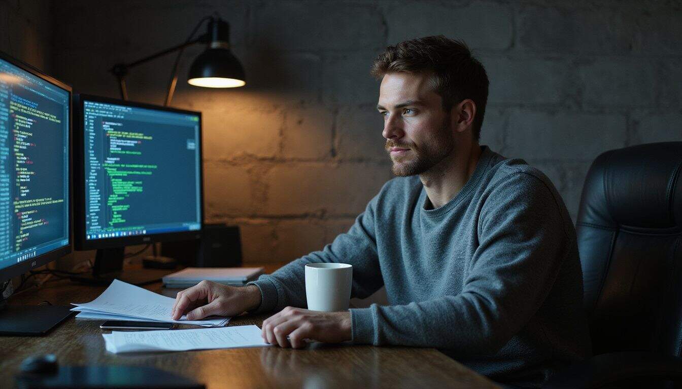 A focused man in his 30s works late at a cluttered desk with multiple monitors. A focused man in his 30s works late at a cluttered desk with multiple monitors.