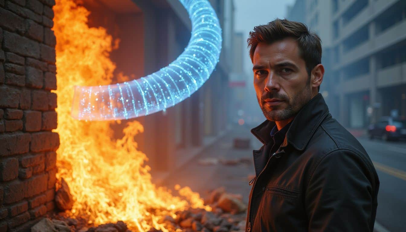 A man stands next to a roaring fire and a VPN tunnel, exuding confidence and vigilance. A man stands next to a roaring fire and a VPN tunnel, exuding confidence and vigilance.