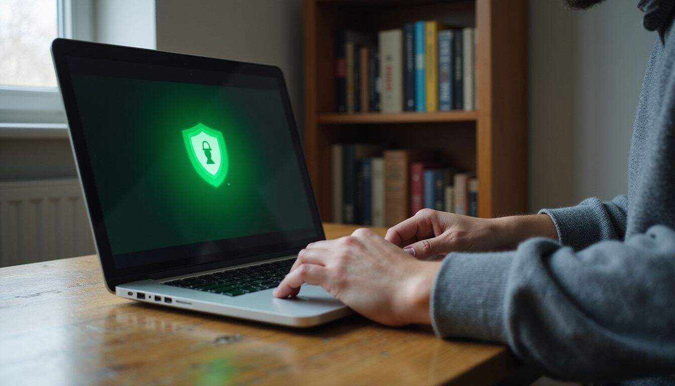 A laptop displaying an active VPN connection in a cozy home office setting. A laptop displaying an active VPN connection in a cozy home office setting.