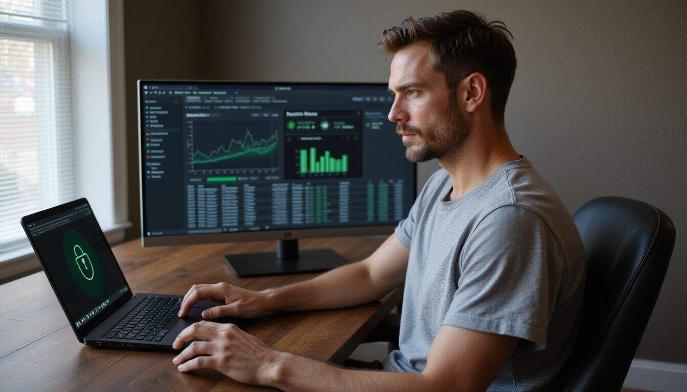 A focused man works at a modern desk with two computer screens displaying security software. A focused man works at a modern desk with two computer screens displaying security software.