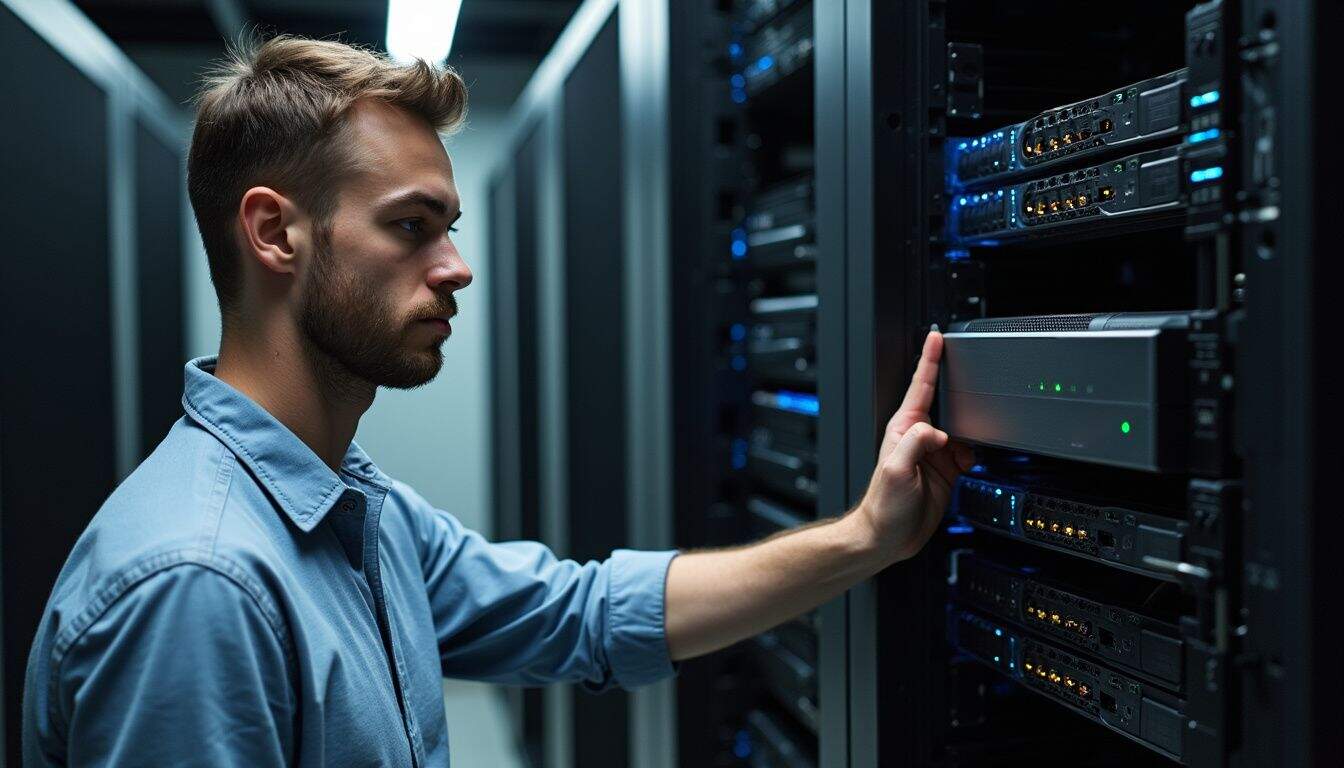 A man standing next to a sleek modern firewall system in a dimly lit server room. A man standing next to a sleek modern firewall system in a dimly lit server room.