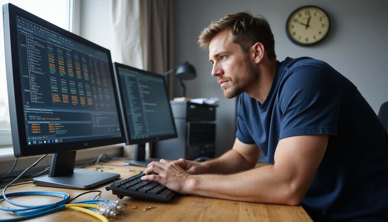 A man works at a cluttered desk with a computer monitor displaying firewall interfaces and Ethernet cables. A man works at a cluttered desk with a computer monitor displaying firewall interfaces and Ethernet cables.