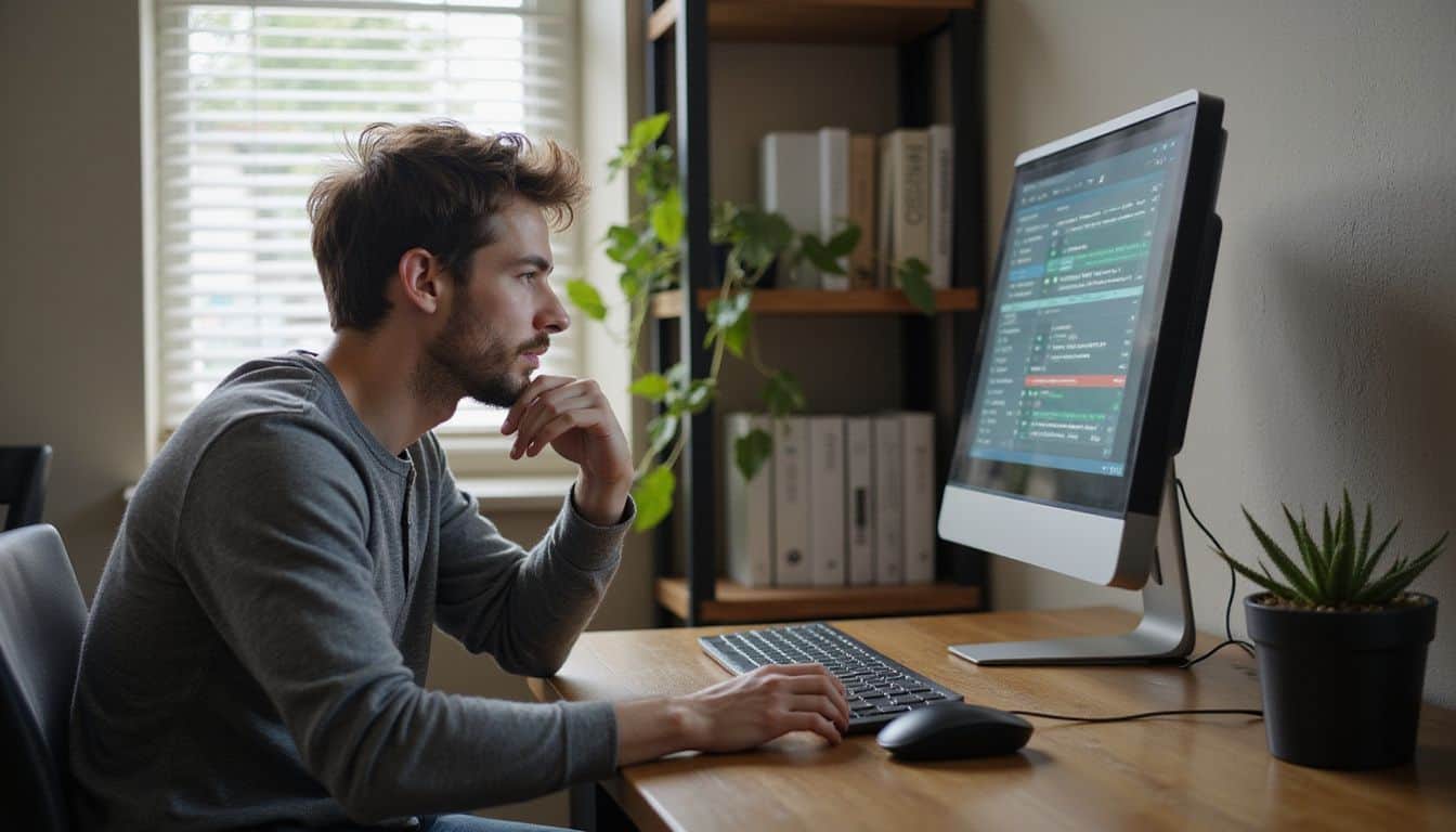 A young man works intently at his computer, focusing on monitoring a network firewall in a modest office space. A young man works intently at his computer, focusing on monitoring a network firewall in a modest office space.