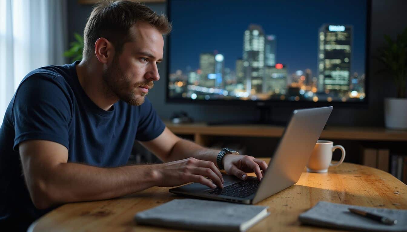 A person sits at a wooden desk, focused on laptop, surrounded by everyday objects. A person sits at a wooden desk, focused on laptop, surrounded by everyday objects.