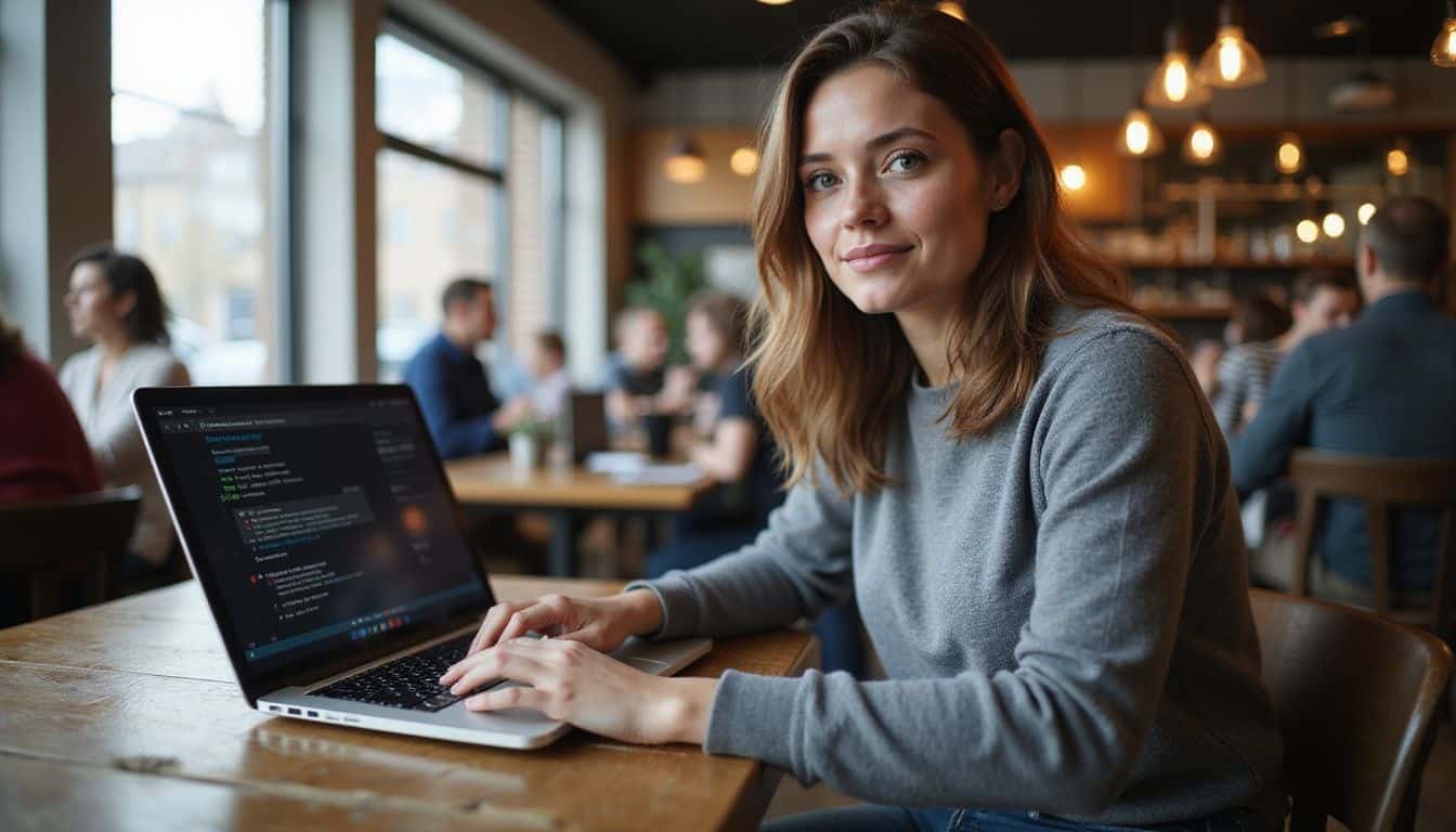A woman working on her laptop in a busy coffee shop, with a focus on data privacy. A woman working on her laptop in a busy coffee shop, with a focus on data privacy.