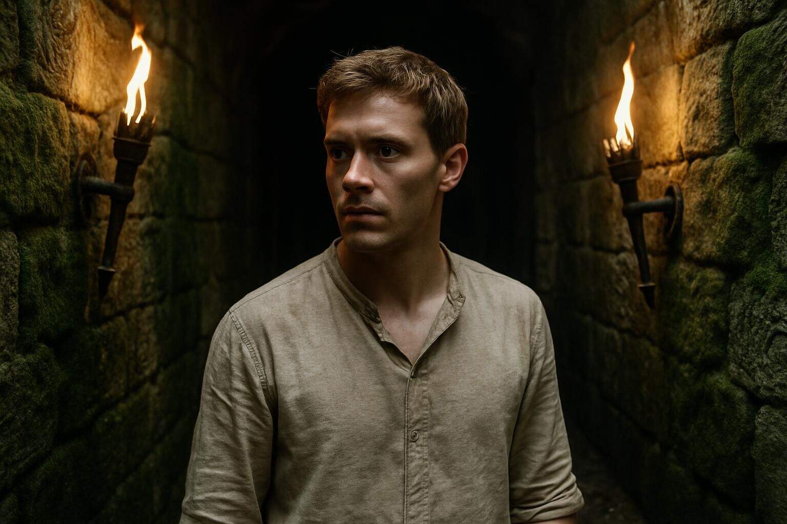 A young man stands anxiously in a damp, mossy dungeon chamber, surrounded by rough stone walls and eerie shadows. A young man stands anxiously in a damp, mossy dungeon chamber, surrounded by rough stone walls and eerie shadows.