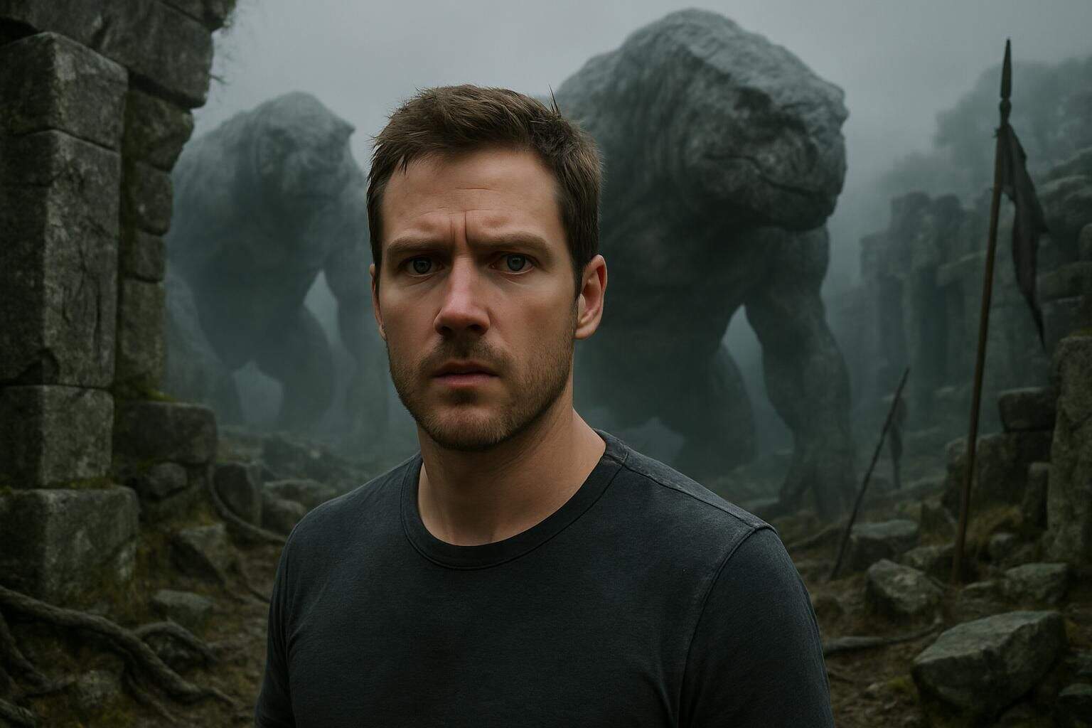 A determined man stands among crumbling ruins, facing colossal monsters in a haunting, foreboding landscape. A determined man stands among crumbling ruins, facing colossal monsters in a haunting, foreboding landscape.