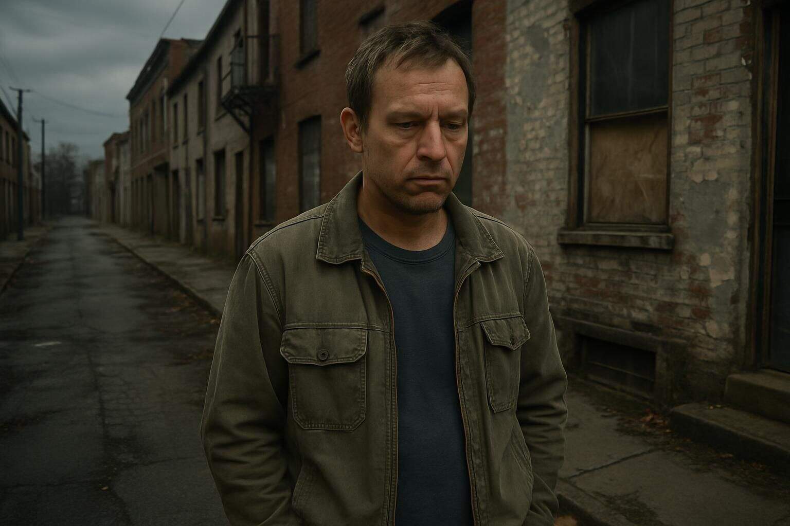 A weary middle-aged man stands alone on a neglected urban street surrounded by decaying buildings and littered pavement. A weary middle-aged man stands alone on a neglected urban street surrounded by decaying buildings and littered pavement.