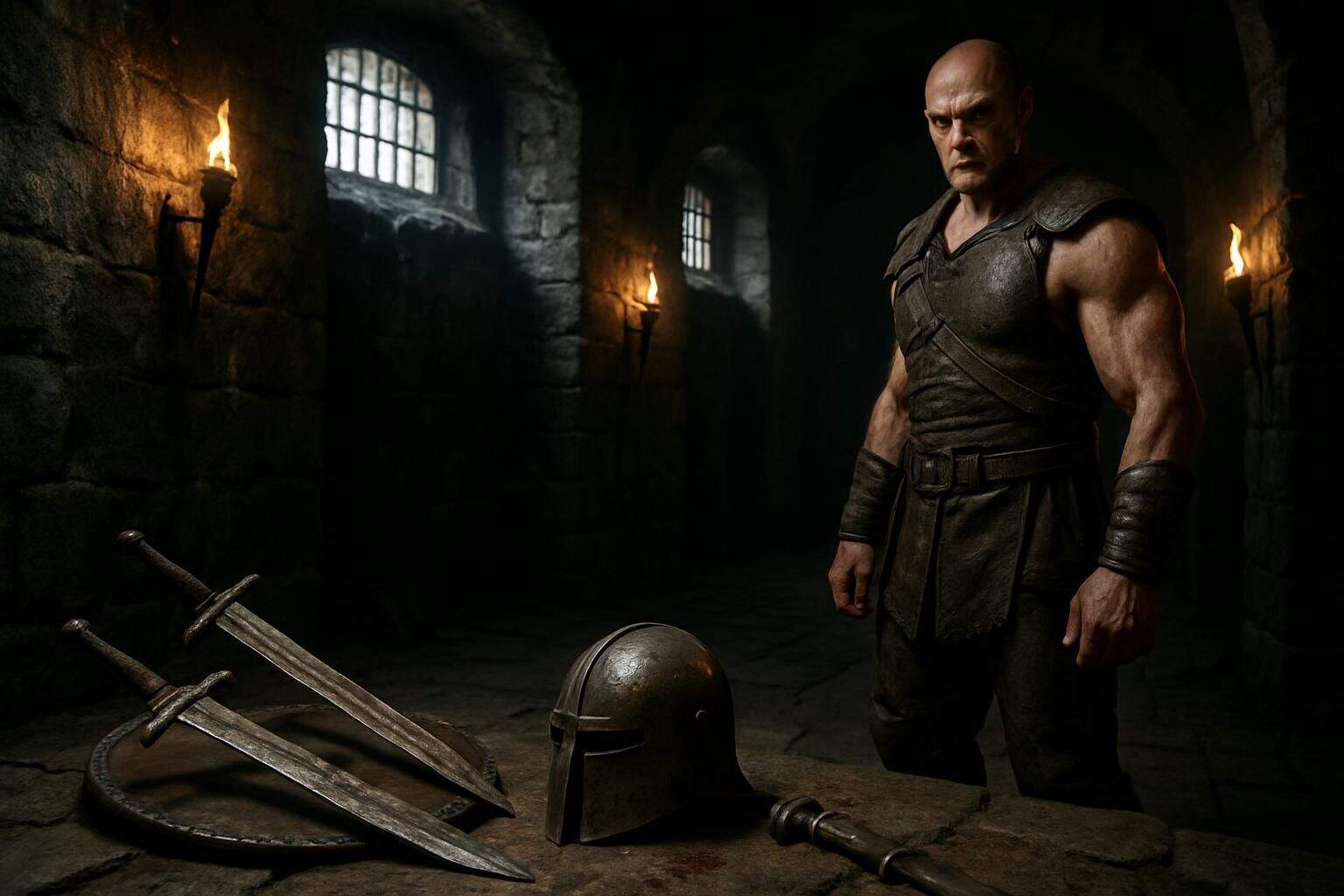A muscular figure in weathered armor surveys a dimly lit medieval dungeon scattered with rusted weapons and shadows. A muscular figure in weathered armor surveys a dimly lit medieval dungeon scattered with rusted weapons and shadows.