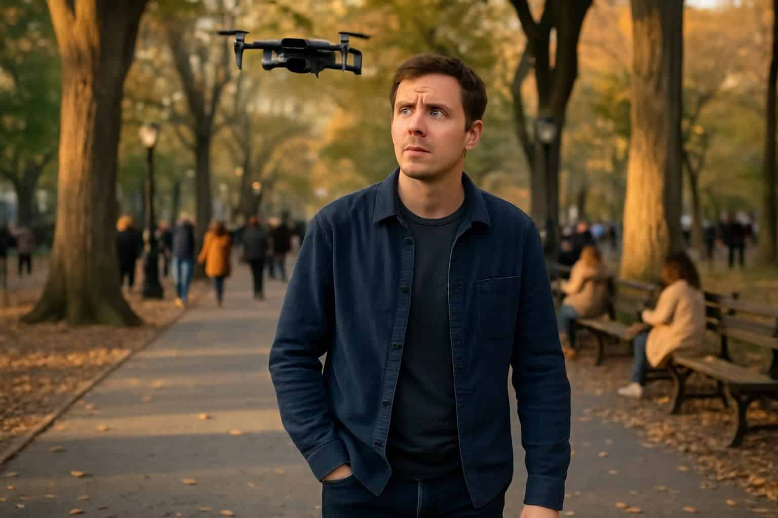 A man in a navy jacket walks through a busy park, looking uneasy as a drone hovers above him. A man in a navy jacket walks through a busy park, looking uneasy as a drone hovers above him.