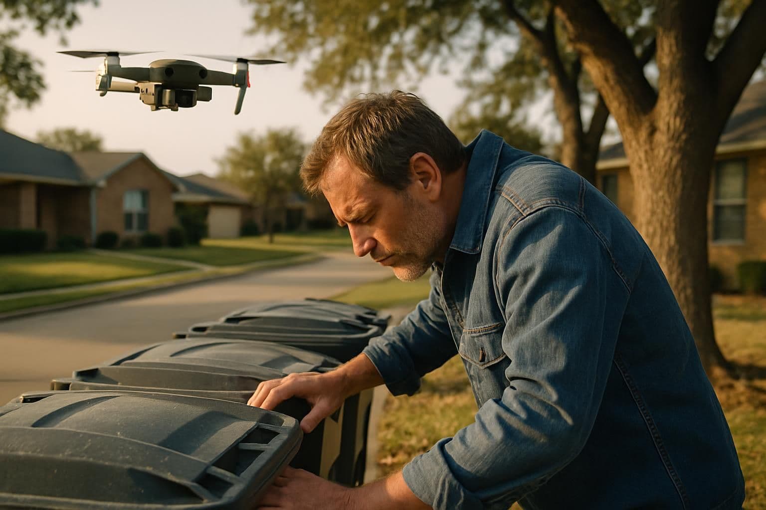 A man inspects garbage bins in a suburban neighborhood while a drone hovers above the scene. A man inspects garbage bins in a suburban neighborhood while a drone hovers above the scene.
