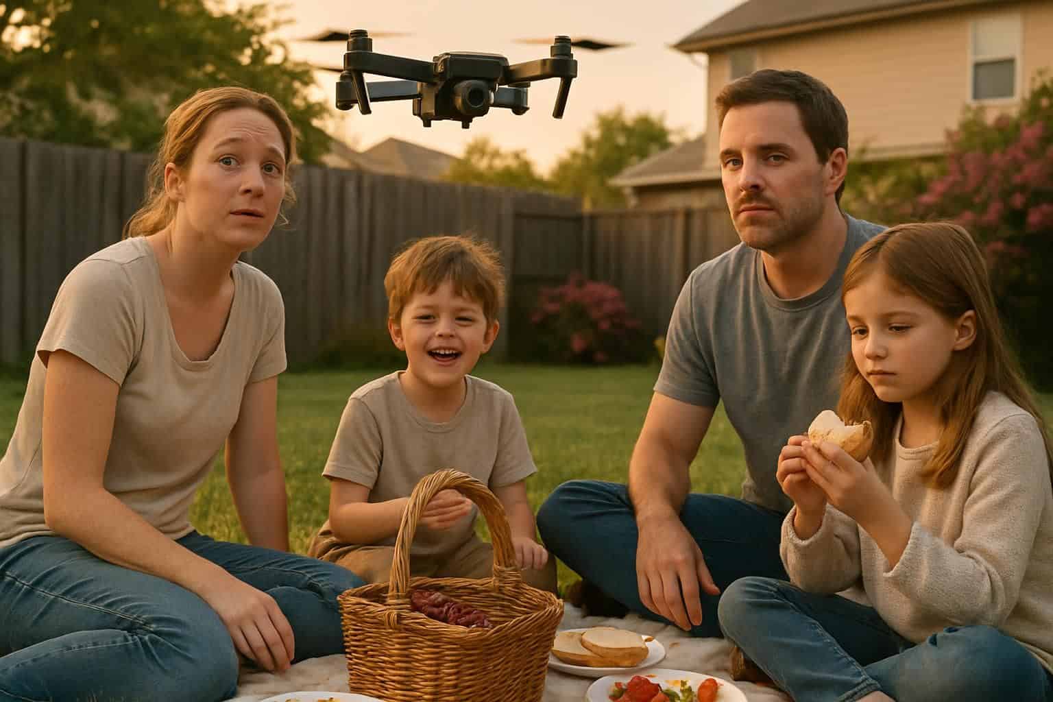A family enjoys a picnic in their backyard while a drone hovers above, contrasting warmth with technology. A family enjoys a picnic in their backyard while a drone hovers above, contrasting warmth with technology.