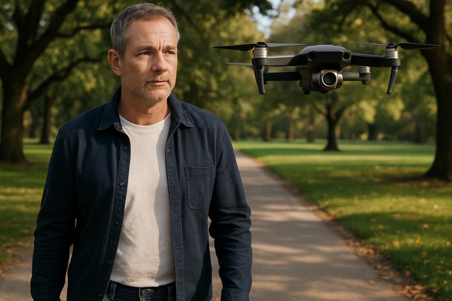 A middle-aged man walks in a park while a drone hovers nearby, capturing the serene surroundings. A middle-aged man walks in a park while a drone hovers nearby, capturing the serene surroundings.