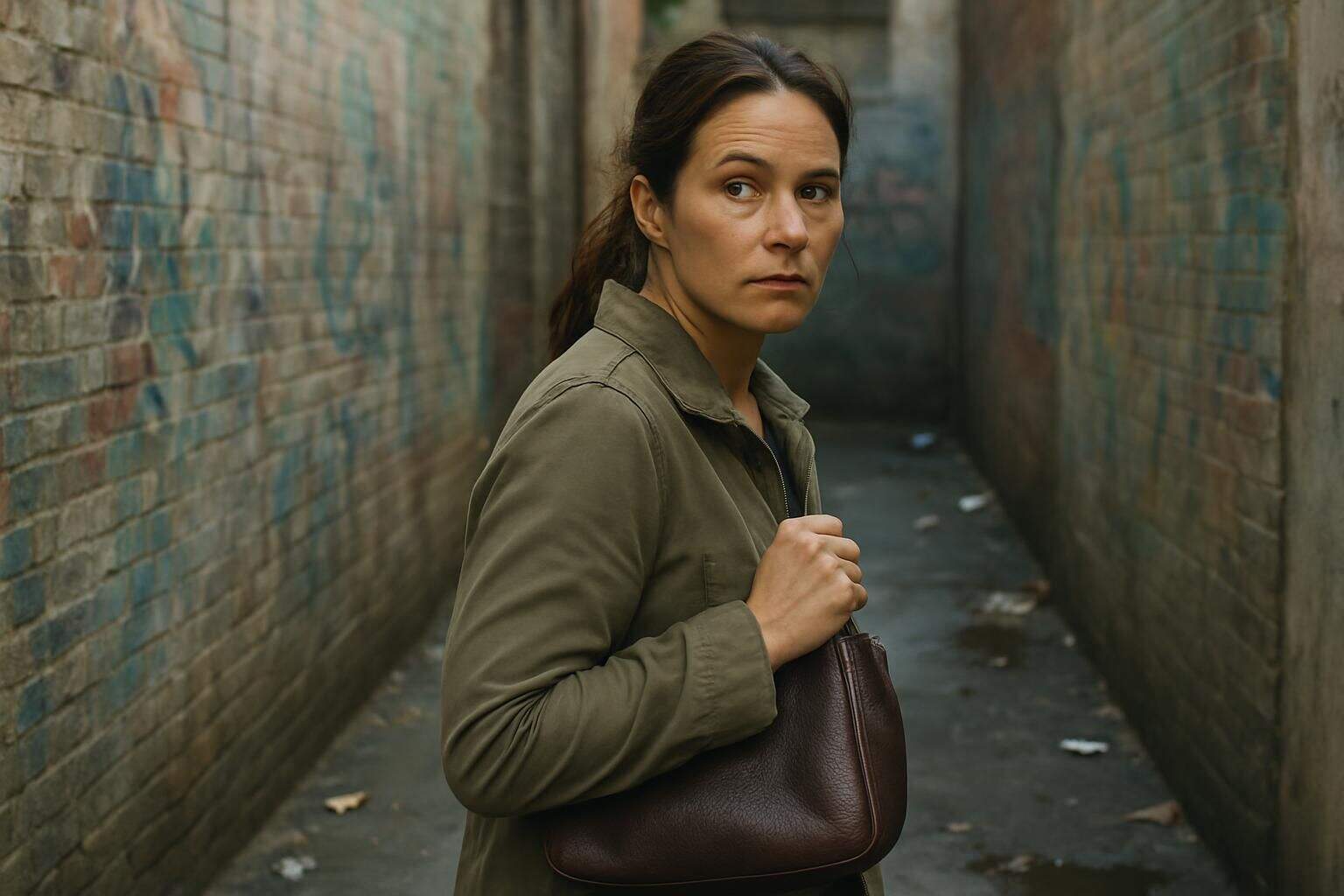 A woman stands anxiously in an urban alley, gripping her purse as she scans her surroundings. A woman stands anxiously in an urban alley, gripping her purse as she scans her surroundings.