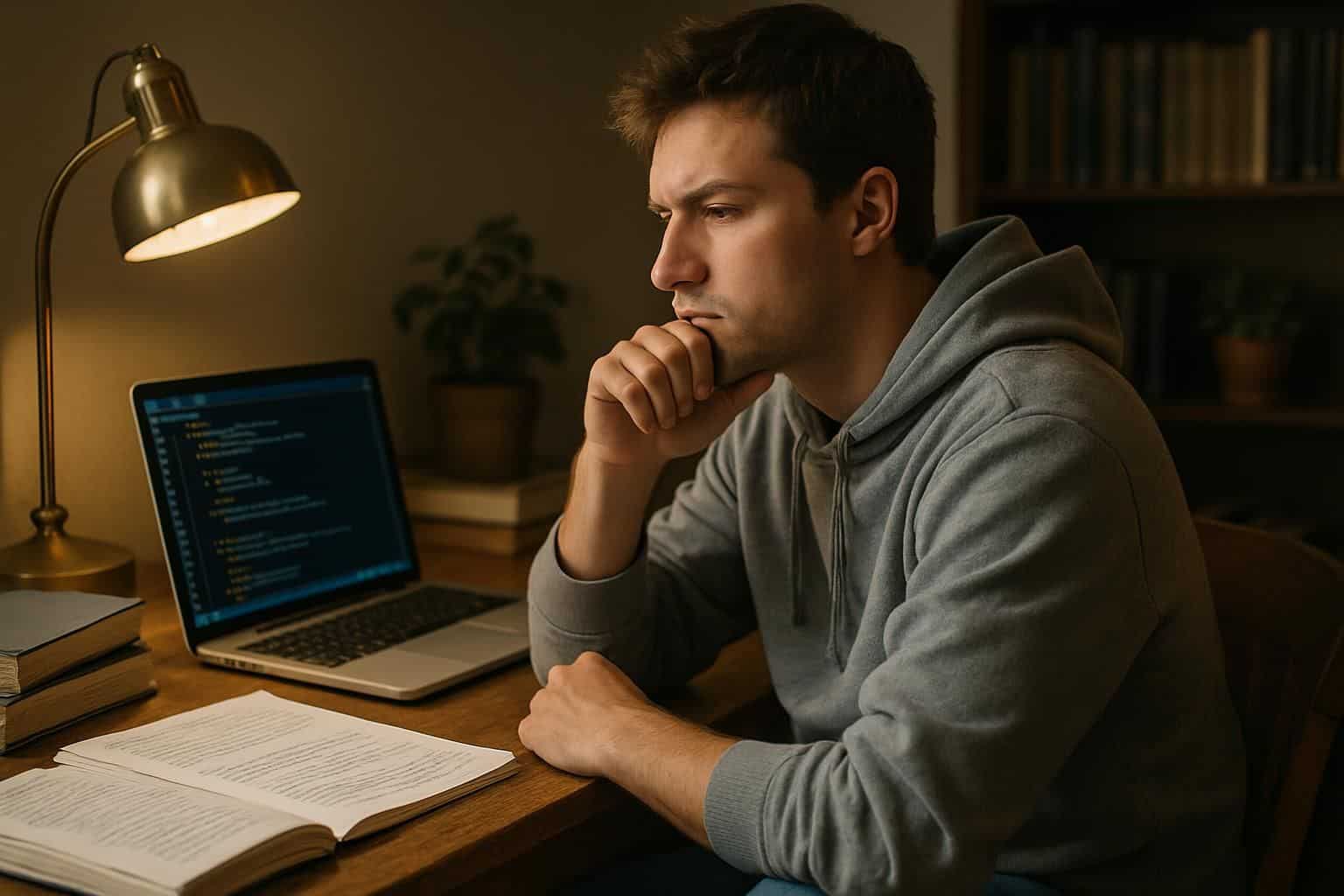 A college student contemplates career choices while studying programming and cybersecurity at a cluttered wooden desk. A college student contemplates career choices while studying programming and cybersecurity at a cluttered wooden desk.