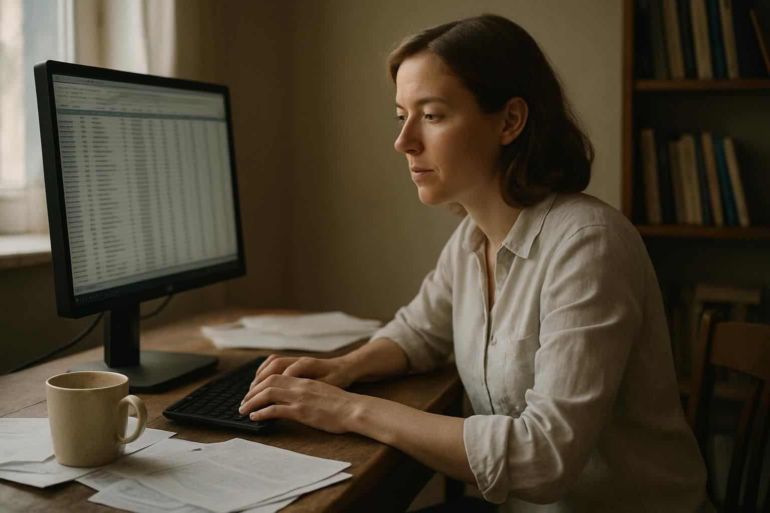 A woman in her 30s works intently at a cluttered desk, focused on spreadsheets on her computer. A woman in her 30s works intently at a cluttered desk, focused on spreadsheets on her computer.