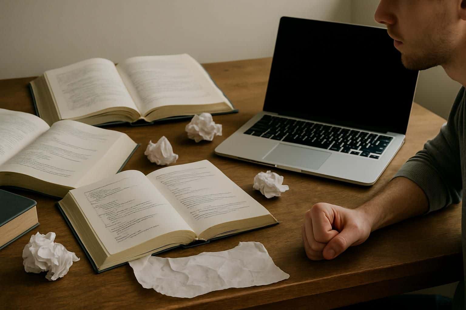 A cluttered wooden desk with coding textbooks and a tense hand reflects the stress of intense study. A cluttered wooden desk with coding textbooks and a tense hand reflects the stress of intense study.