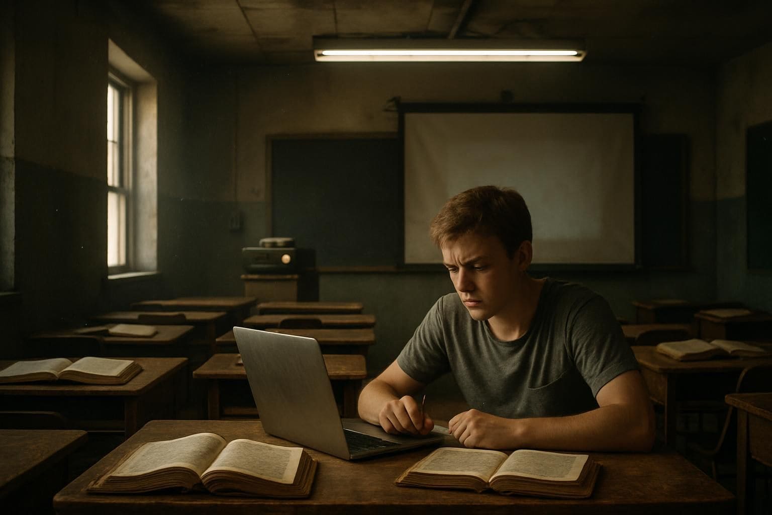 An aged classroom features worn desks, dusty textbooks, and a focused student working beside a vintage projector. An aged classroom features worn desks, dusty textbooks, and a focused student working beside a vintage projector.