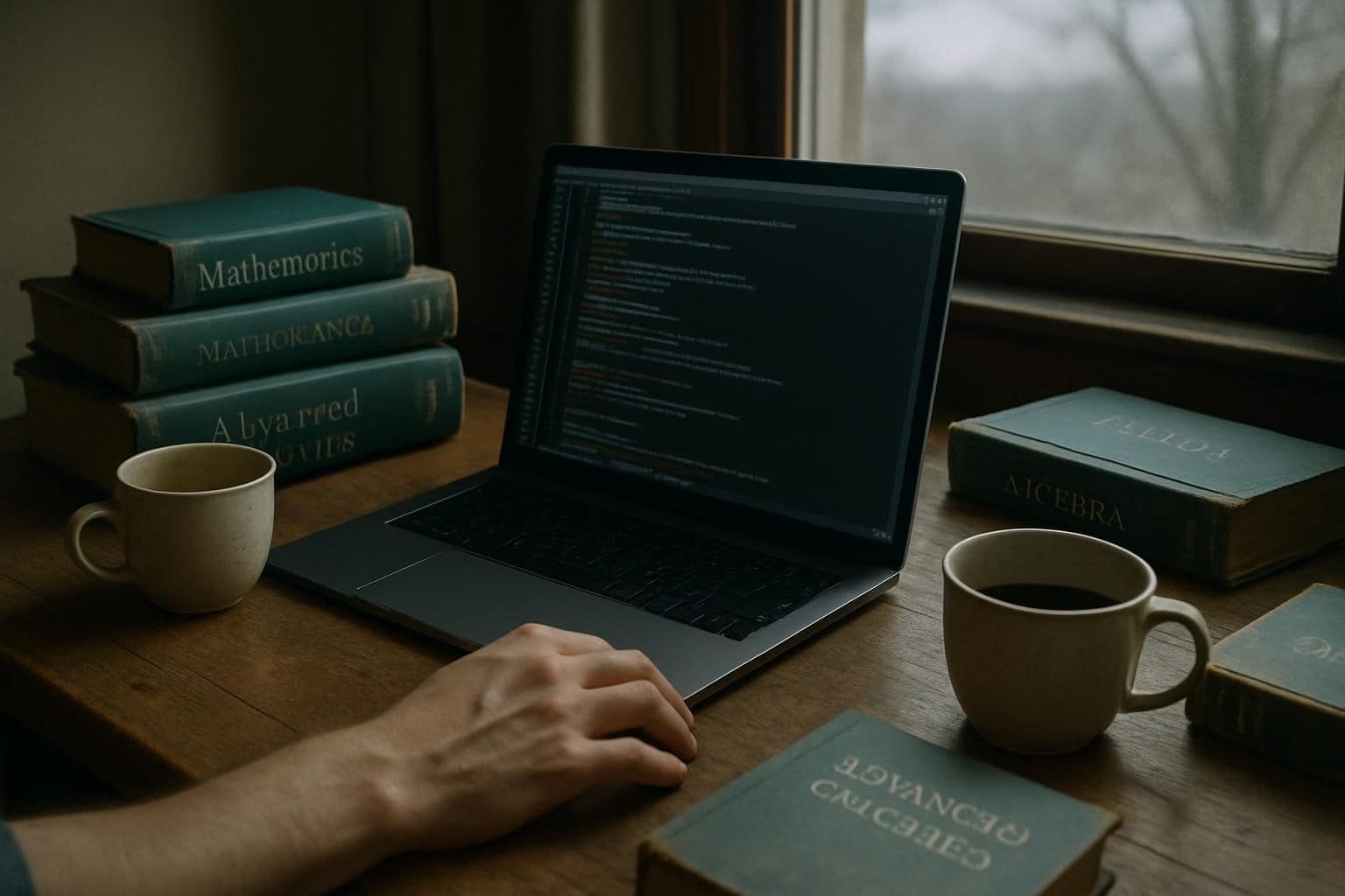 A cluttered wooden desk features an open laptop, math textbooks, and coffee cups, suggesting a focused study environment. A cluttered wooden desk features an open laptop, math textbooks, and coffee cups, suggesting a focused study environment.