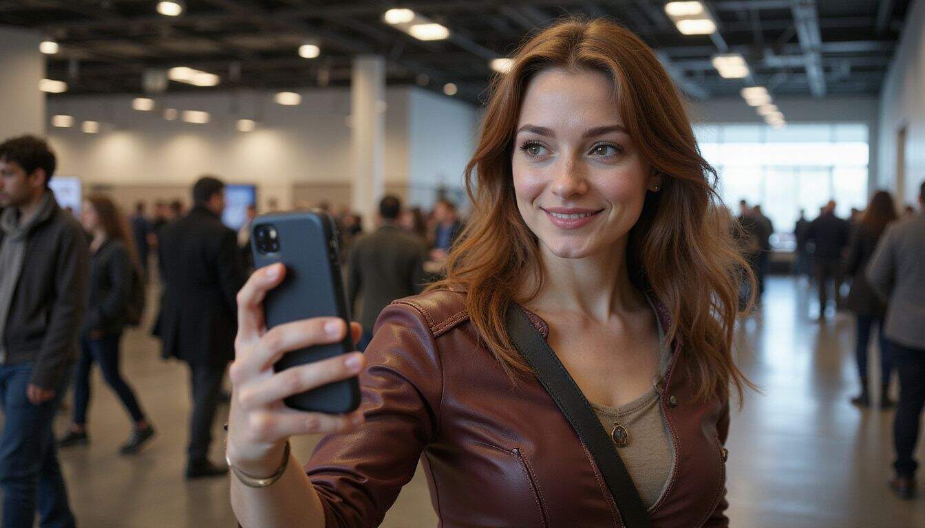 A confident woman in a detailed costume takes a selfie amidst a bustling convention crowd. A confident woman in a detailed costume takes a selfie amidst a bustling convention crowd.