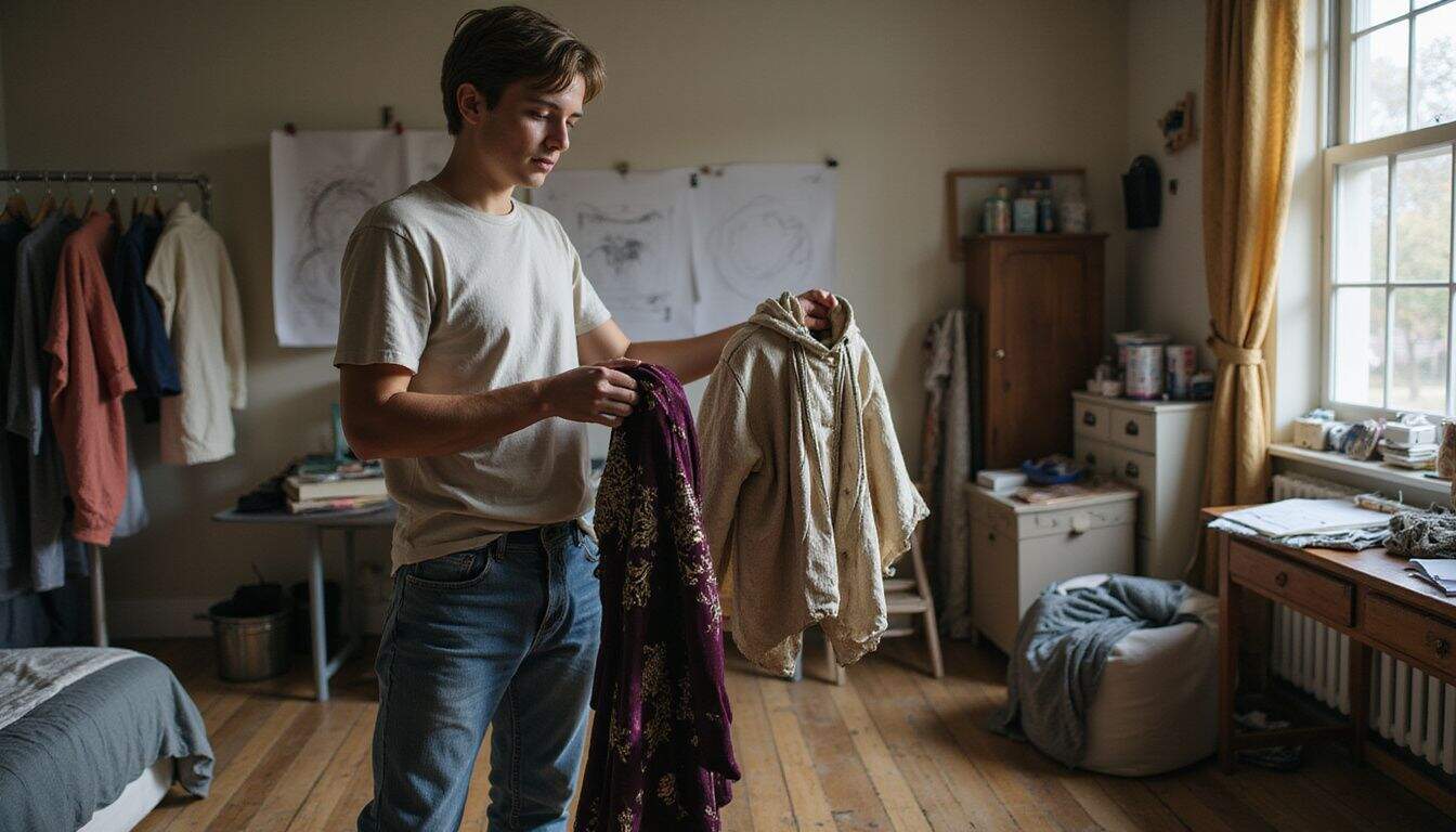 A young individual thoughtfully examines two detailed costumes in a creatively cluttered bedroom filled with art supplies. A young individual thoughtfully examines two detailed costumes in a creatively cluttered bedroom filled with art supplies.