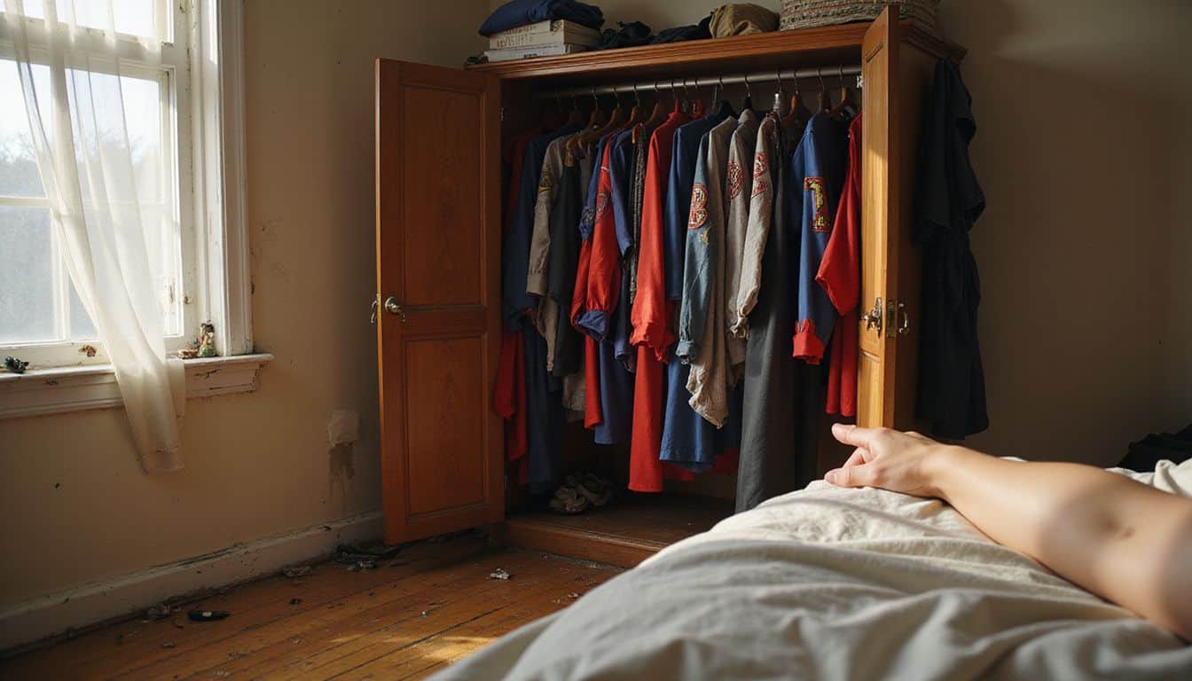A cluttered bedroom features a chaotic wardrobe of superhero costumes against worn wooden floors and faded walls. A cluttered bedroom features a chaotic wardrobe of superhero costumes against worn wooden floors and faded walls.
