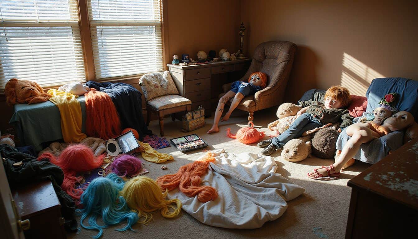 A cluttered cosplay workspace filled with costumes, wigs, props, and makeup, reflecting creative energy and personal artistry. A cluttered cosplay workspace filled with costumes, wigs, props, and makeup, reflecting creative energy and personal artistry.