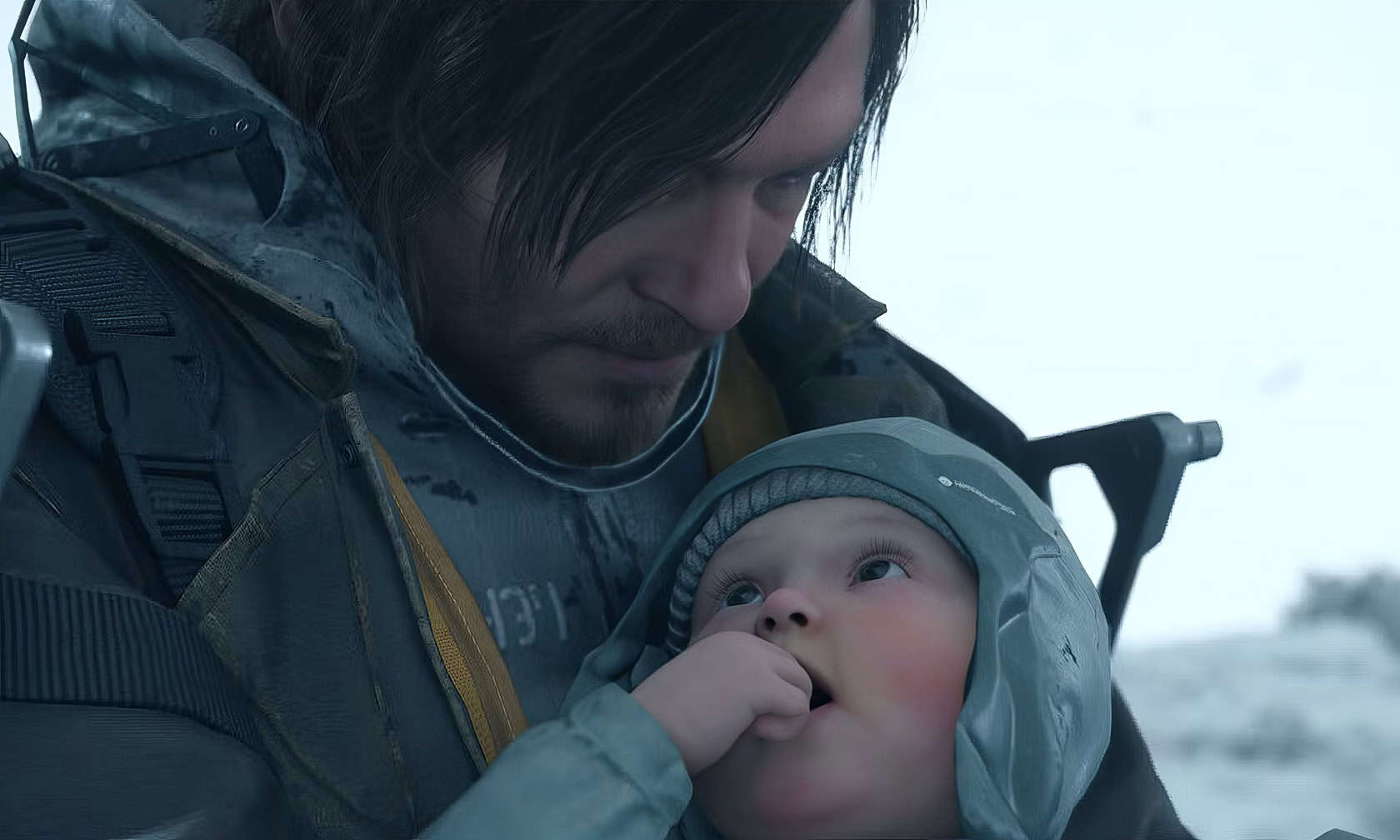 A tranquilizer rifle rests on a moss-covered boulder, as a focused figure adjusts its scope in a dense forest. Death Stranding 2 1