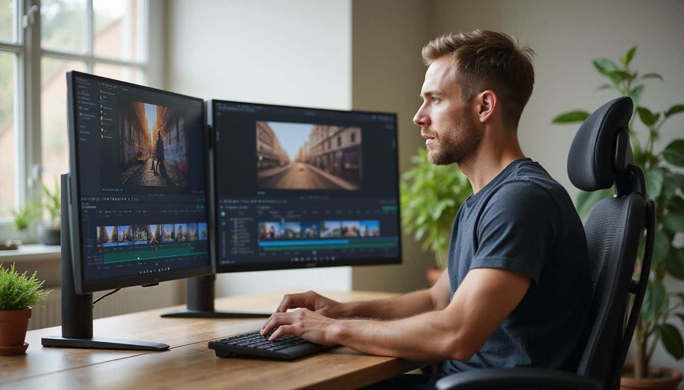A focused man edits video content at a modern workstation with multiple monitors and a graphics tablet nearby. A focused man edits video content at a modern workstation with multiple monitors and a graphics tablet nearby.
