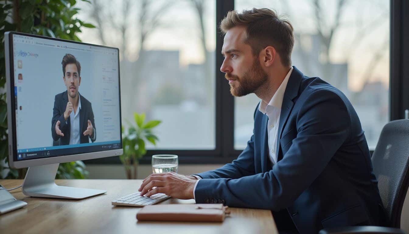 A focused man in a blazer engages with advanced AI software featuring a lifelike digital avatar in a modern office.