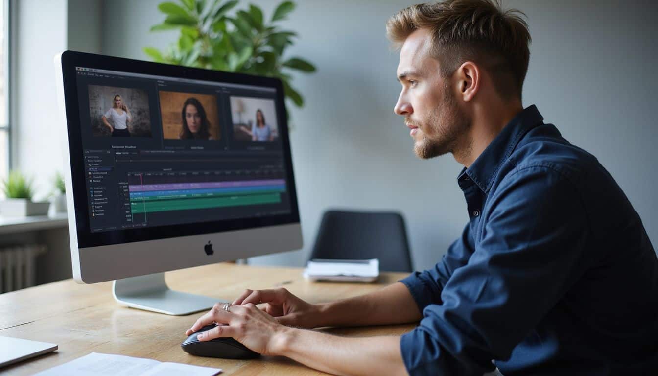 A person focuses on video editing software at a modern desk, surrounded by minimalistic furnishings and scattered notes. A person focuses on video editing software at a modern desk, surrounded by minimalistic furnishings and scattered notes.