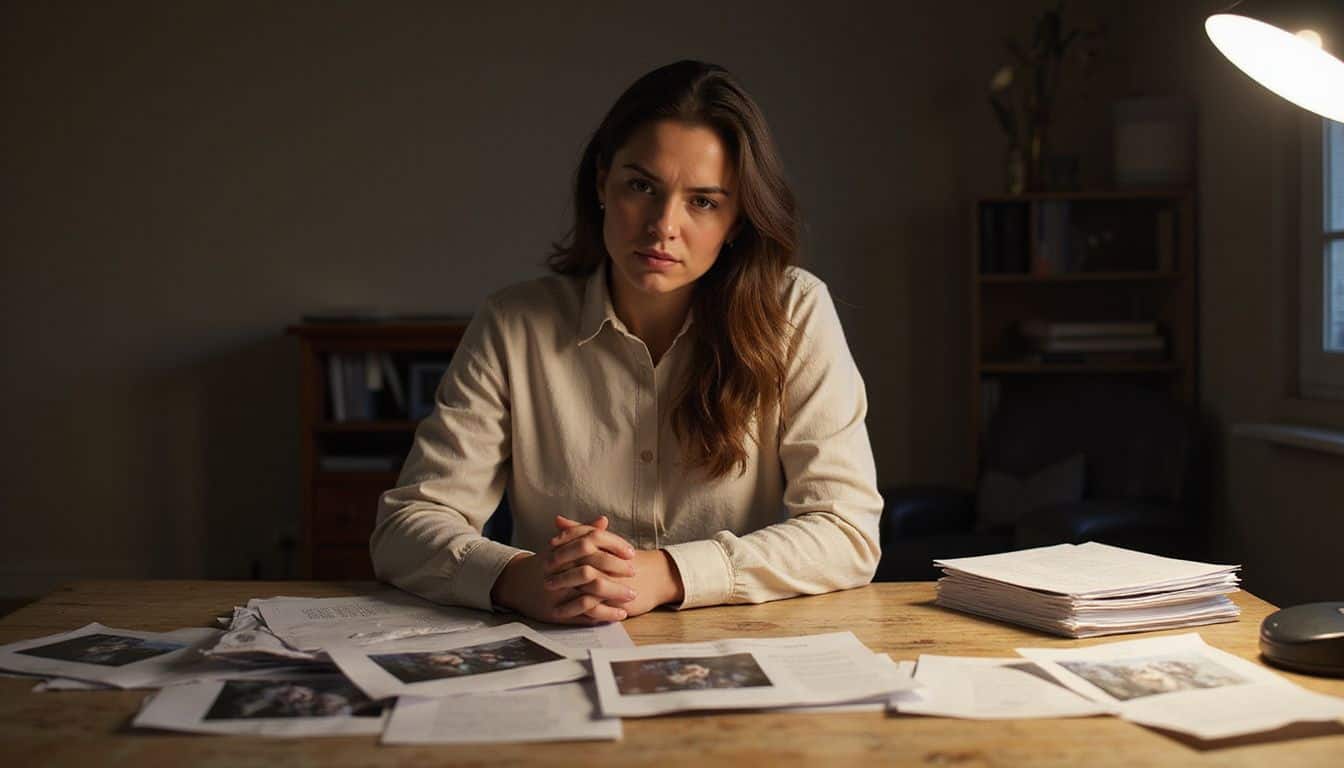 A woman sits at a cluttered desk, appearing frustrated while working on AI-generated video project papers. A woman sits at a cluttered desk, appearing frustrated while working on AI-generated video project papers.