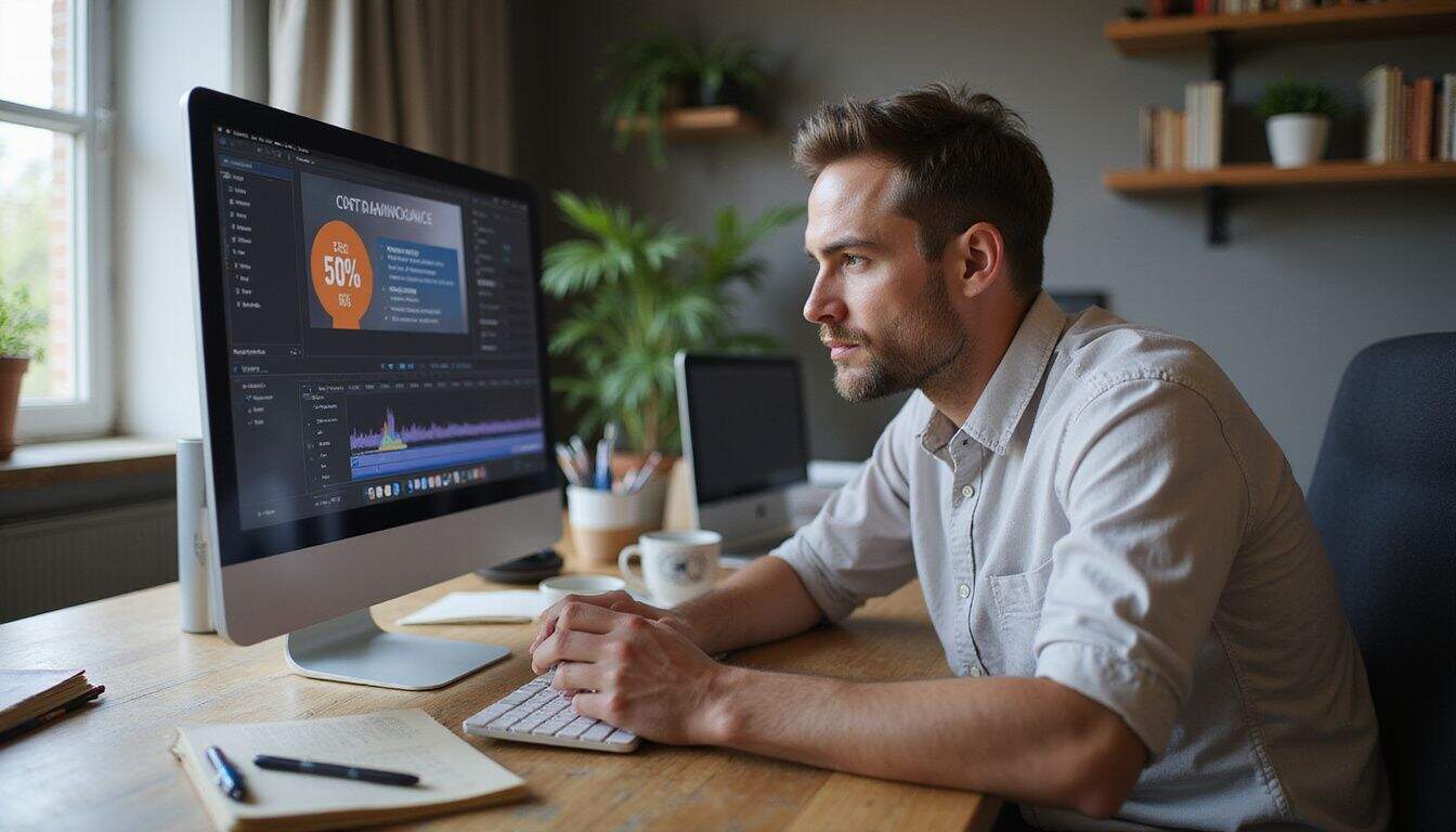 A focused individual works at a cluttered desk, using an AI video editing platform for budget-conscious small business production. A focused individual works at a cluttered desk, using an AI video editing platform for budget-conscious small business production.