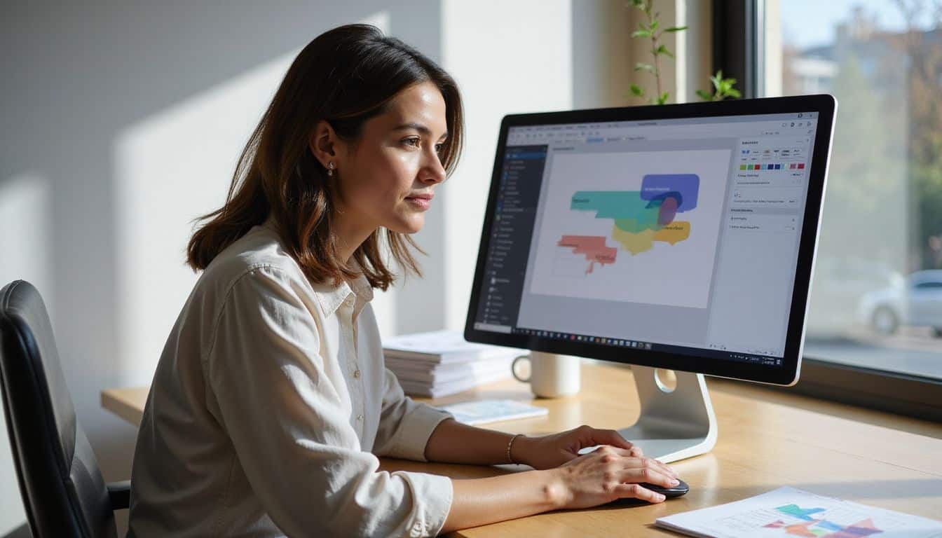 A focused woman works intently on a business presentation at a sleek office desk, surrounded by organized materials. A focused woman works intently on a business presentation at a sleek office desk, surrounded by organized materials.