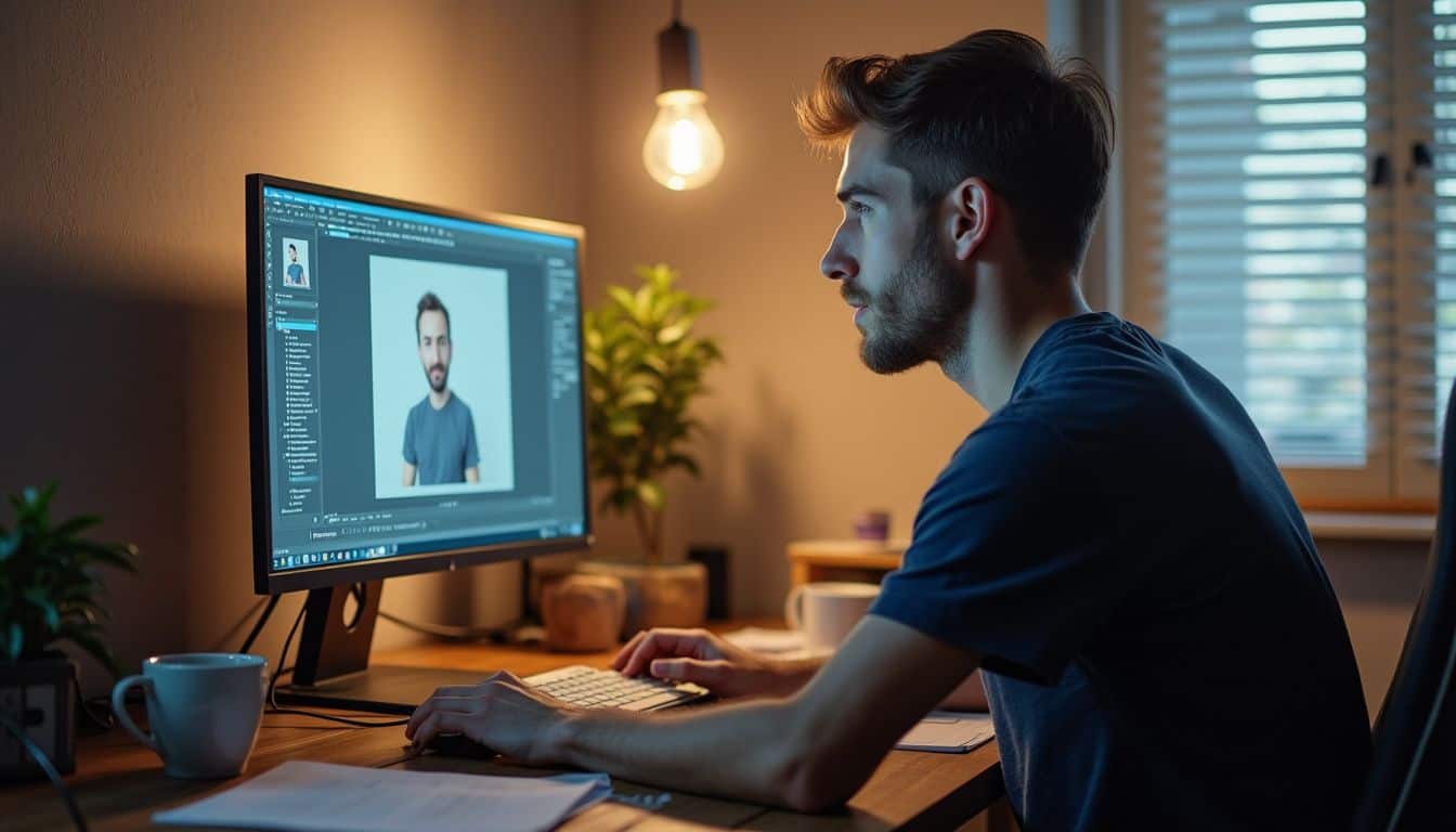 A man sits at a cluttered desk, focused on a computer screen displaying text about video editing and an AI avatar. A man sits at a cluttered desk, focused on a computer screen displaying text about video editing and an AI avatar.