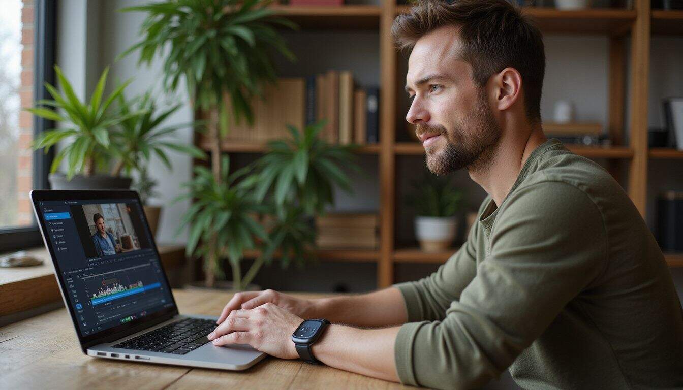 A man in a fitted olive-green shirt works intently on AI video editing software at a sleek wooden desk. A man in a fitted olive-green shirt works intently on AI video editing software at a sleek wooden desk.