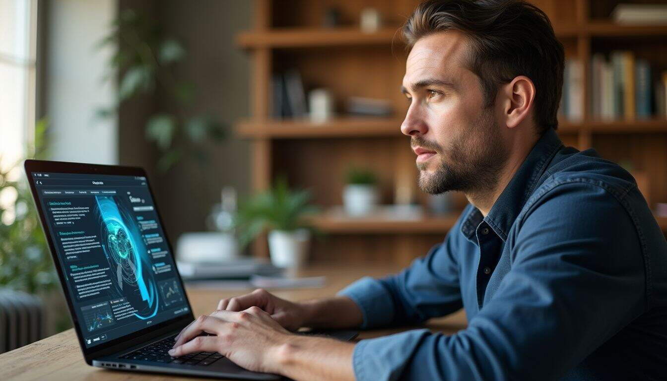 A man in a navy shirt engages with a laptop displaying a futuristic sales video amidst a cozy, lived-in workspace. A man in a navy shirt engages with a laptop displaying a futuristic sales video amidst a cozy, lived-in workspace.
