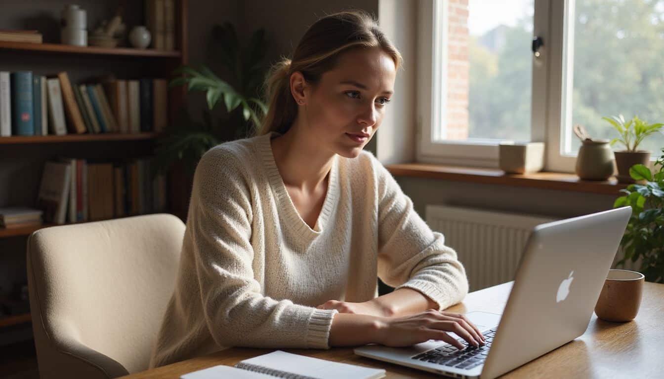 A woman in a cozy sweater focuses intently on her laptop, composing a script in her home office. A woman in a cozy sweater focuses intently on her laptop, composing a script in her home office.
