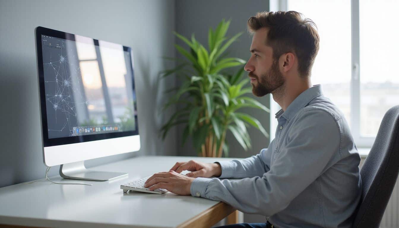 A young man in a fitted shirt focuses on a widescreen monitor displaying complex AI-generated 3D animation in a minimalist office. A young man in a fitted shirt focuses on a widescreen monitor displaying complex AI-generated 3D animation in a minimalist office.