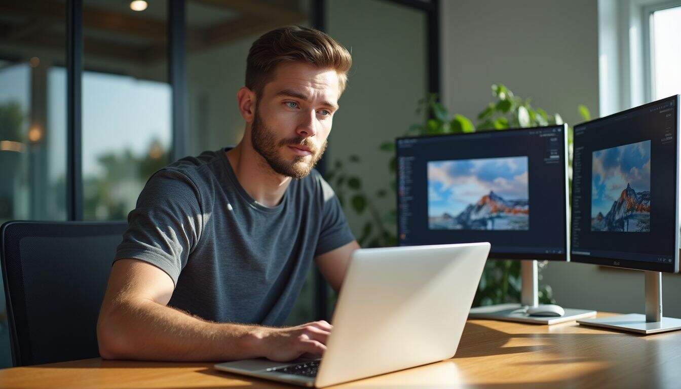 A thoughtful man in a dark gray t-shirt works at a polished wooden desk with multiple monitors displaying AI tools. A thoughtful man in a dark gray t-shirt works at a polished wooden desk with multiple monitors displaying AI tools.