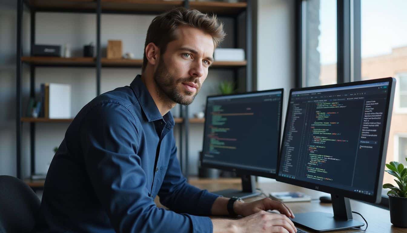 A focused man in a fitted navy shirt works at a modern desk surrounded by multiple monitors displaying machine learning code. A focused man in a fitted navy shirt works at a modern desk surrounded by multiple monitors displaying machine learning code.