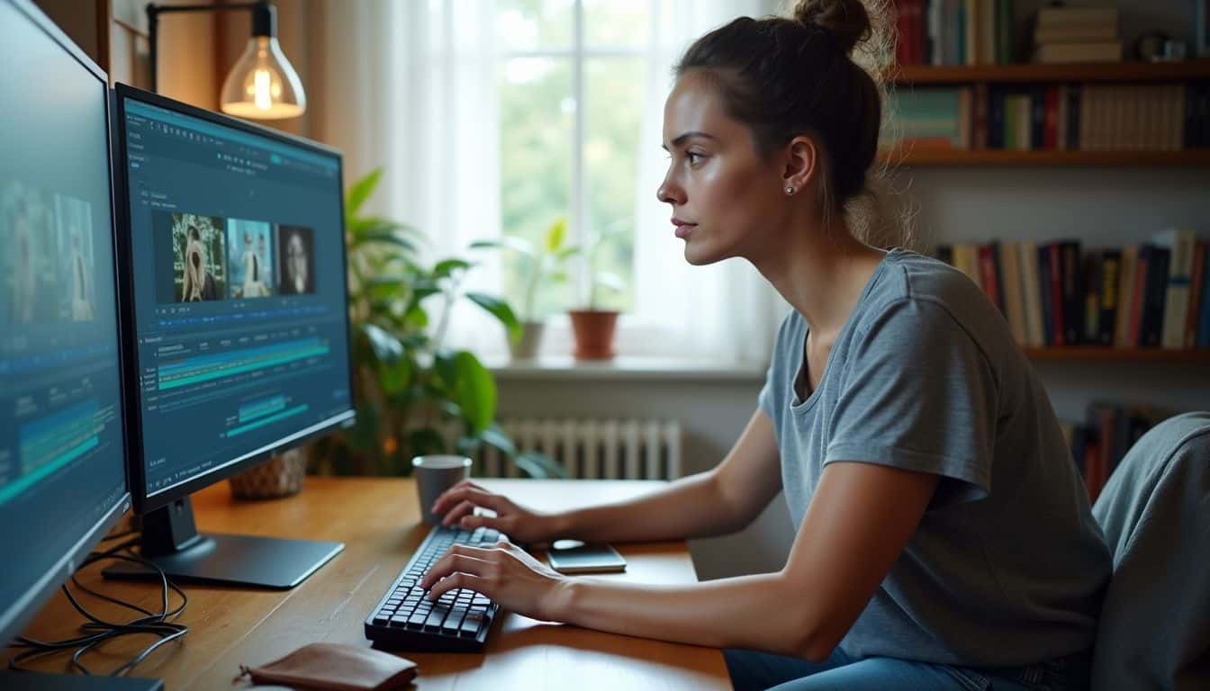 A woman works intently at her home office desk, surrounded by personal items and a computer displaying video editing software. A woman works intently at her home office desk, surrounded by personal items and a computer displaying video editing software.