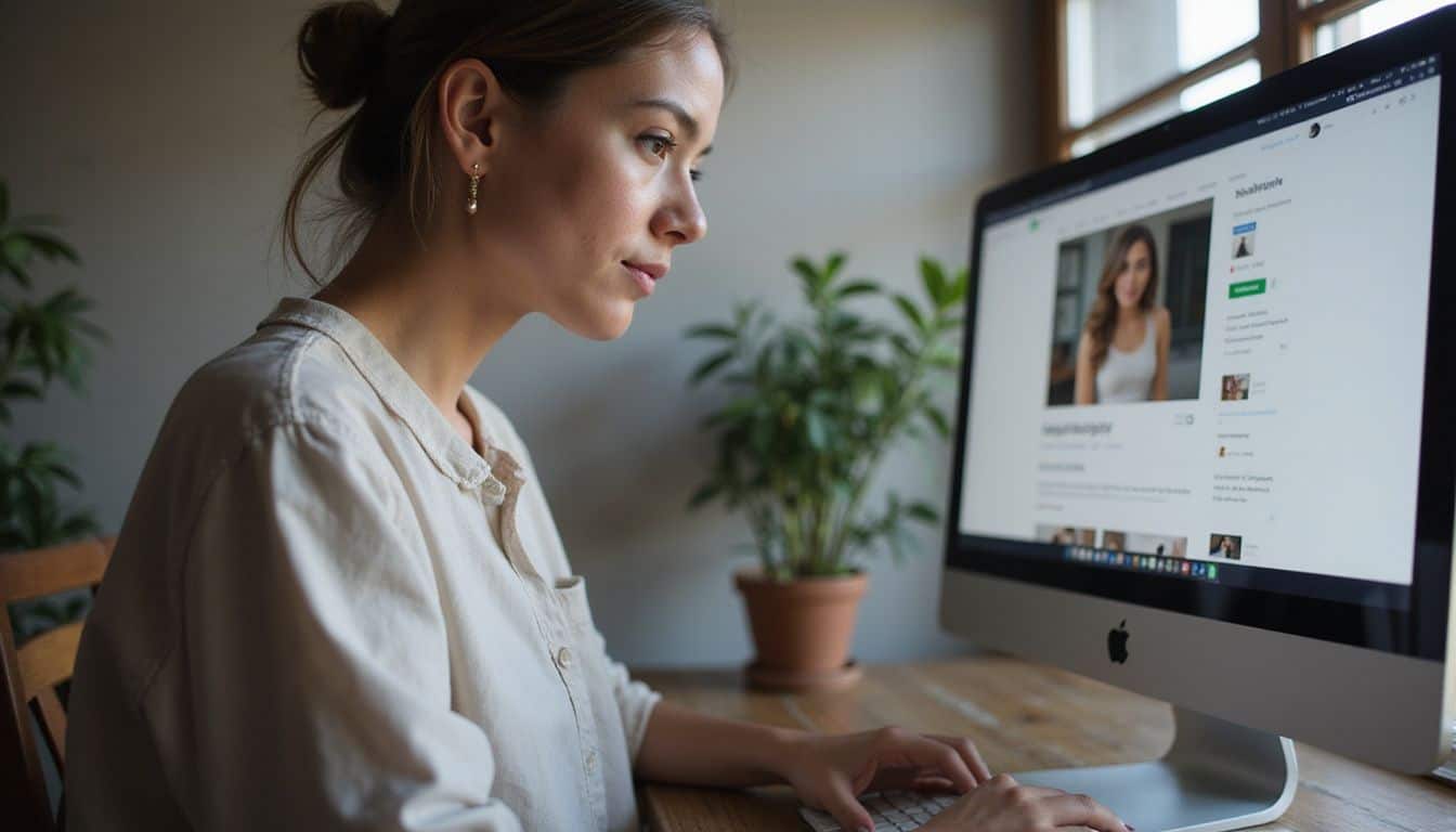 A woman in her early 30s sits at a desk, focused intently on her computer screen in a cozy workspace. A woman in her early 30s sits at a desk, focused intently on her computer screen in a cozy workspace.