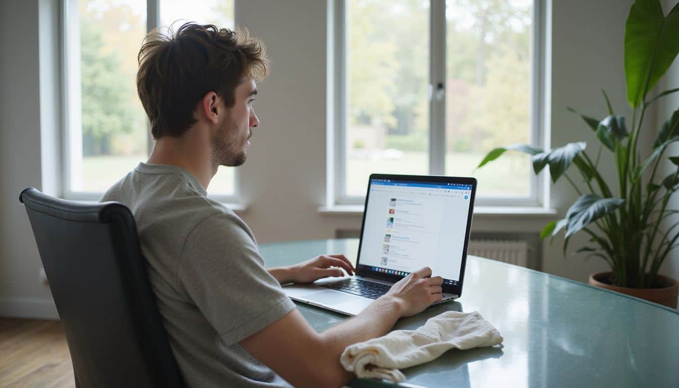 A focused individual works at a modern glass desk on a laptop with a text-to-video interface in a minimalist office. A focused individual works at a modern glass desk on a laptop with a text-to-video interface in a minimalist office.